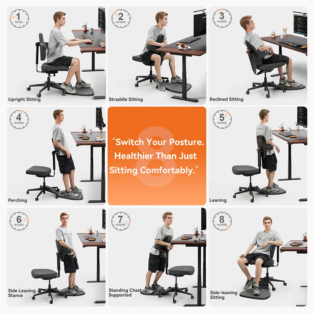 NEWTRAL MT-L Standing-Mate ergonomikus álló íróasztal szék, dinamikus testtartás-megtámasztás, 167°-ban dönthető háttámla, állítható ülésmélység 42–49 cm, 4 szintű dönthetőség, memóriahabos párna, kar nélküli kialakítás, 160 kg teherbírás - sötétszürke