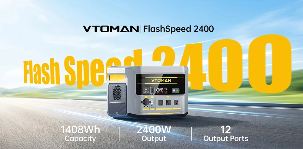 VTOMAN FlashSpeed 2400 Portable Power Station, 1408Wh LiFePO4 Battery, 2400W AC Output, 3200W Peak Power, 12 Output Ports, 100W USB-C, 600W Solar Input, 1500W AC Input, <10ms UPS
