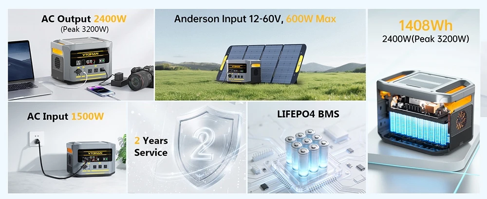 VTOMAN FlashSpeed 2400 Portable Power Station, 1408Wh LiFePO4 Battery, 2400W AC Output, 3200W Peak Power, 12 Output Ports, 100W USB-C, 600W Solar Input, 1500W AC Input, <10ms UPS