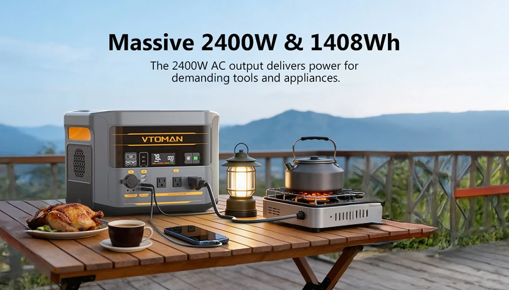 VTOMAN FlashSpeed 2400 Portable Power Station, 1408Wh LiFePO4 Battery, 2400W AC Output, 3200W Peak Power, 12 Output Ports, 100W USB-C, 600W Solar Input, 1500W AC Input, <10ms UPS