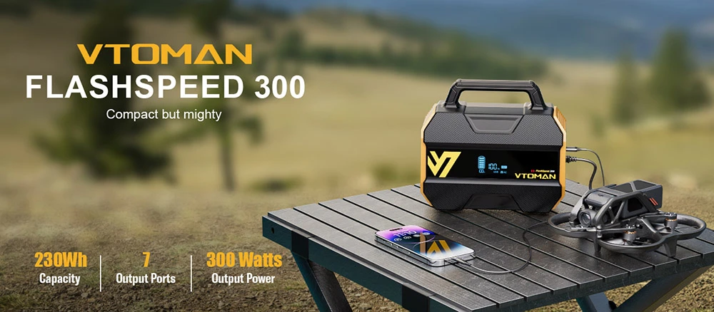 VTOMAN FlashSpeed 300 Portable Power Station, 230Wh LiFePO4 Battery, 300W AC Output, 600W Peak Power,  7 Ports, 100W USB-C Input/Output, 3 USB-A Ports, 12V/10A DC Output, 90W DC Input