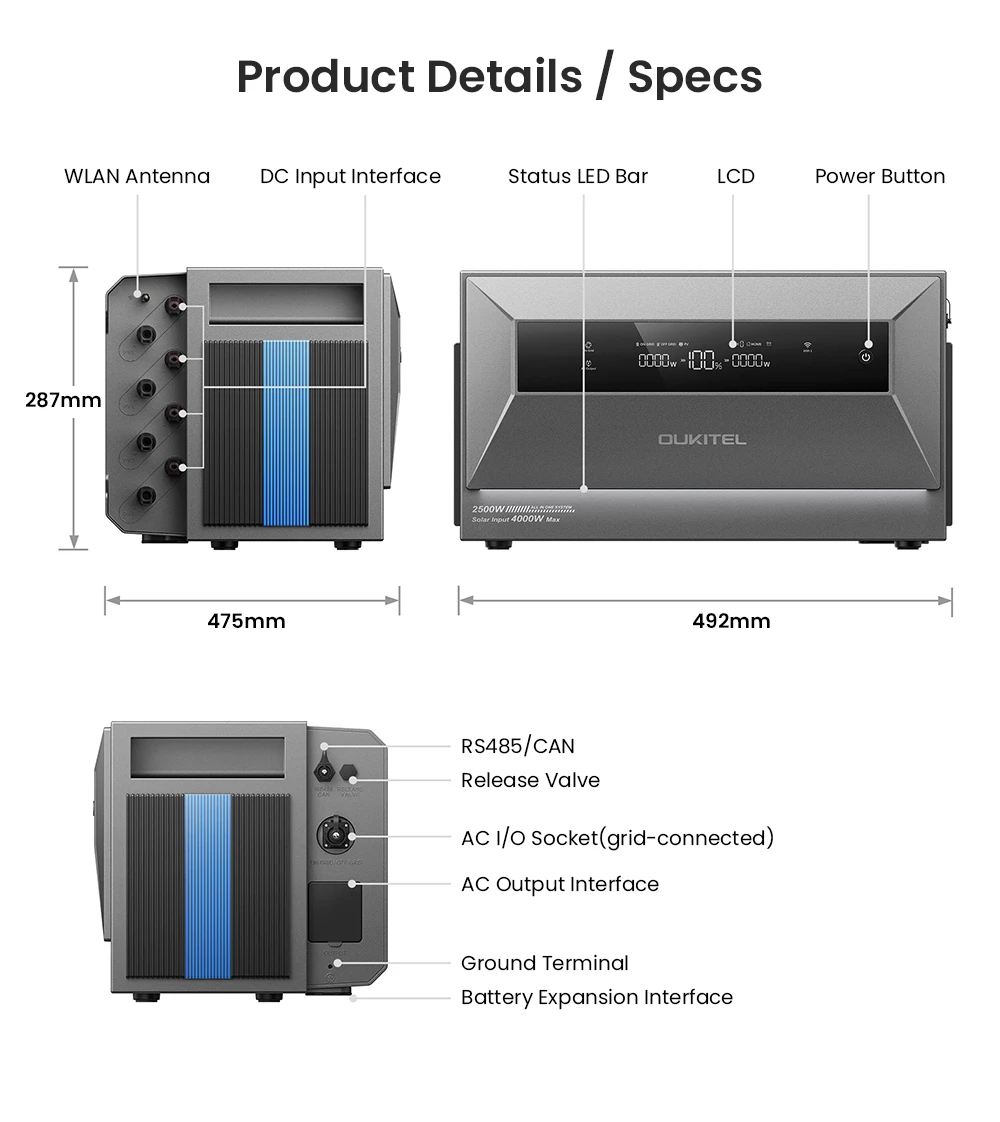 OUKITEL EP2500 Portable Power Station, 2500W Output, 2048Wh LiFePO4 Battery, 4000W Solar Input, 4 MPPT, 2500W On-Grid Output, 3000W Bypass Power, 16.384kWh Expandable Capacity, 4000+ Cycles, IP65