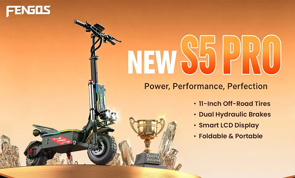 FENGQS S5 PRO kétmotoros elektromos roller, 5600 W csúcsteljesítmény, 60 V 38 Ah akkumulátor, 80 km/h maximális sebesség, 100 km hatótávolság, 250 kg maximális terhelés, 11 hüvelykes terepgumik, hidraulikus tárcsafékek, első felfüggesztés, IPX5 vízállóság