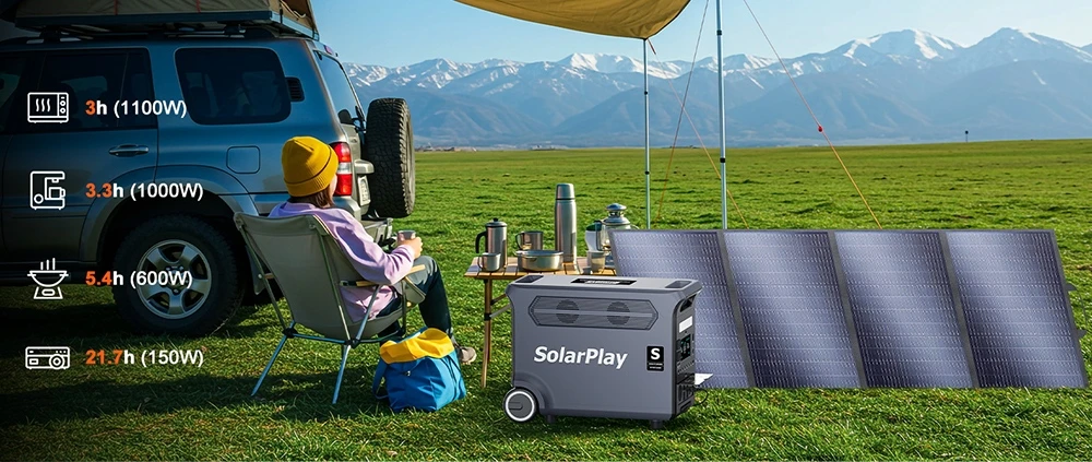 Station d'alimentation portable SolarPlay Q3600, puissance nominale de 3 600 W, batterie LiFePO4 de 3 840 Wh, puissance de crête de 7 200 W, plus de 3 000 cycles de charge, charge hybride de 2 000 W, port USB-C de 100 W, 15 sorties, onduleur en 0,02 s