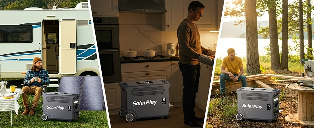 Station d'alimentation portable SolarPlay Q3600, puissance nominale de 3 600 W, batterie LiFePO4 de 3 840 Wh, puissance de crête de 7 200 W, plus de 3 000 cycles de charge, charge hybride de 2 000 W, port USB-C de 100 W, 15 sorties, onduleur en 0,02 s