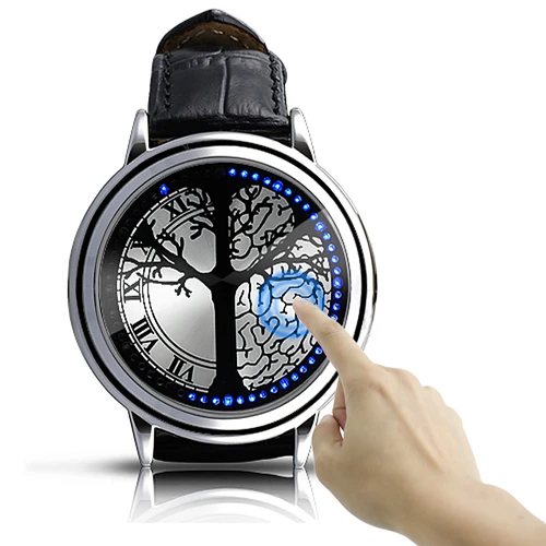 Tree Pattern Hybrid Blue Touch Screen Leather Band LED Watch