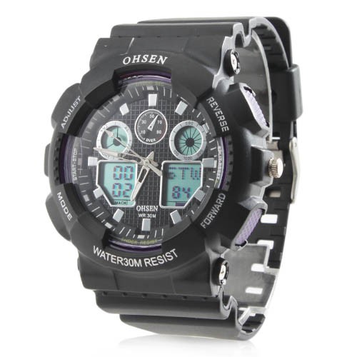 Men's Analog-Digital Black Rubber Watchband Sport Watch