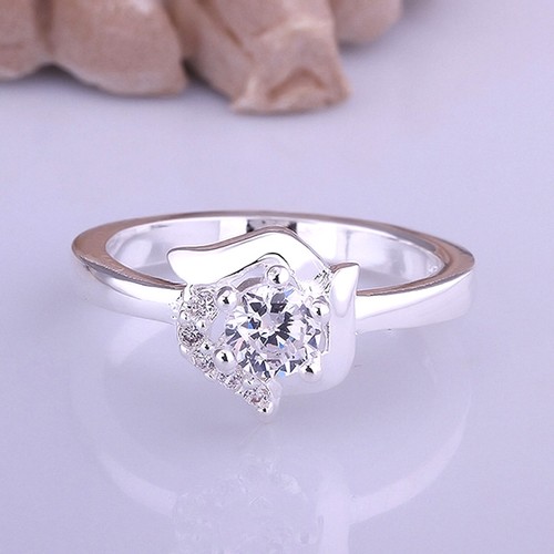 Silver Plated Inlaid White Diamond Ring for Women Lady Size 8
