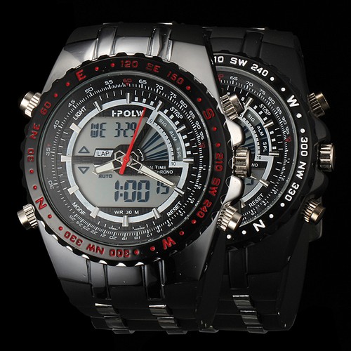 Hpolw FS-584 Men's LED Stainless Steel Analog-Digital Sport Watch