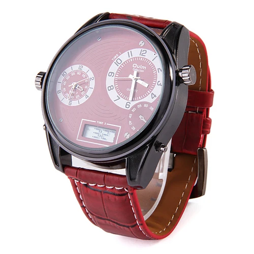 Oulm 3581 Leather Men Watches with Digital Time Double Movt