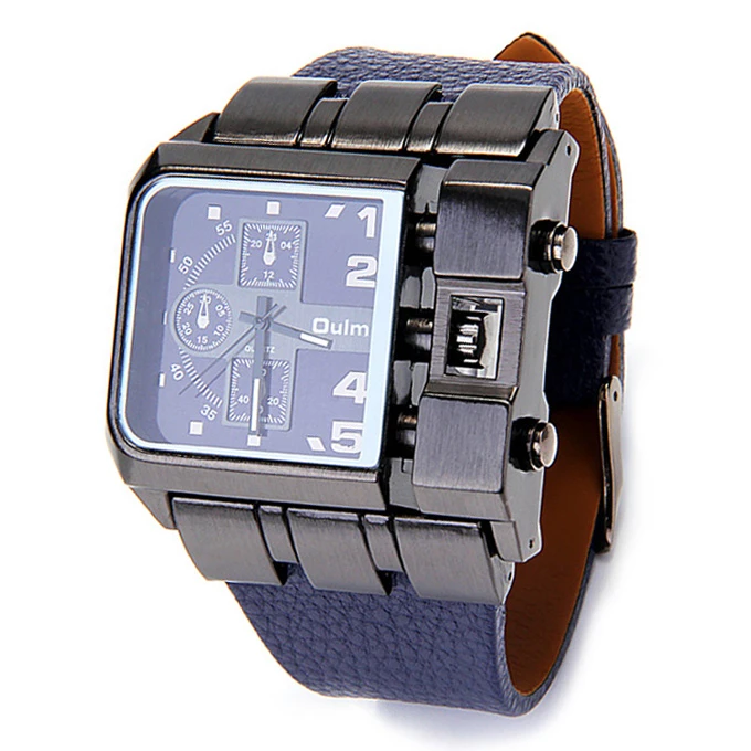 Oulm 3364 Fashion Men Military Wristwatch Sports Quartz Watch With Rectangular Dial And Leather Strap Blue