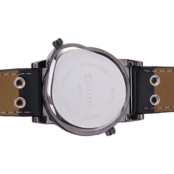 Oulm 9591 Fashion Men Sports Wrist Watch With Dual Time Zones And Leather Strap Black