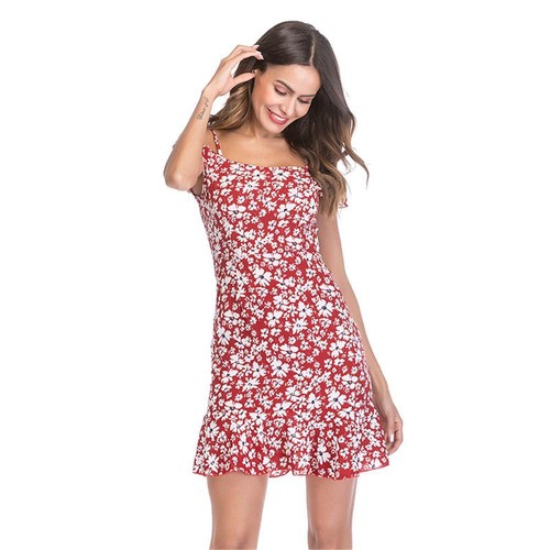 Women Summer Floral Printed Sling Chiffon Dress Red