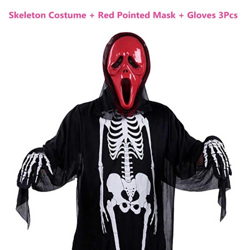 Halloween Costumes Skeleton Head Costume Red Pointed Mask Gloves