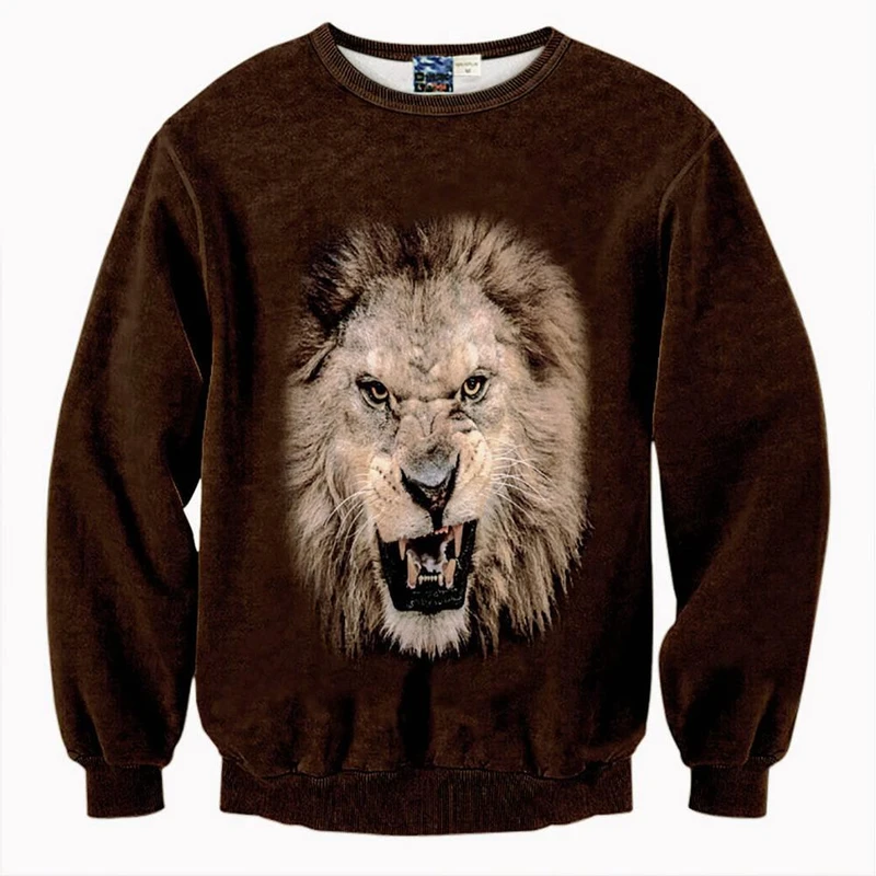 3D Digital Printed lion Pattern Crewneck Sweatshirt Brown