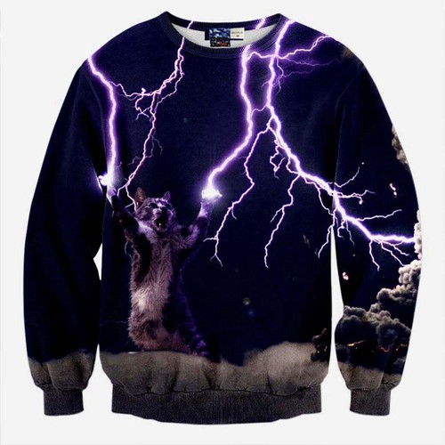 3D Digital Printed Lightning Cat Pattern Cotton Crewneck Sweatshirt