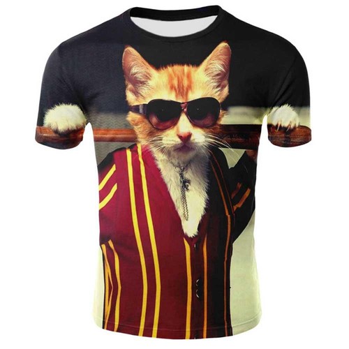 3D Digital Printed Sunglasses Cat Pattern T-shirt Size M Multi-color