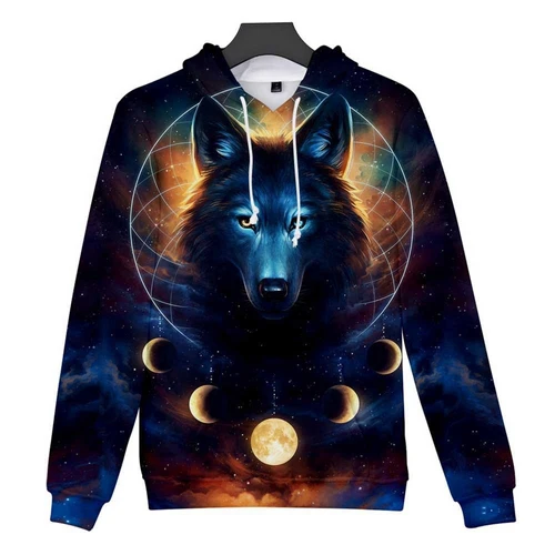 3D Digital Printed Moon Wolf Pattern Men Hoodie Multi color