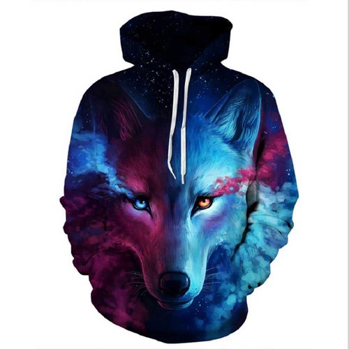 GLUDEAR Men's 3D Printed Wolf Hoodie - Full Zip Pullover Sweatshirt (Fire Blue White, Medium)