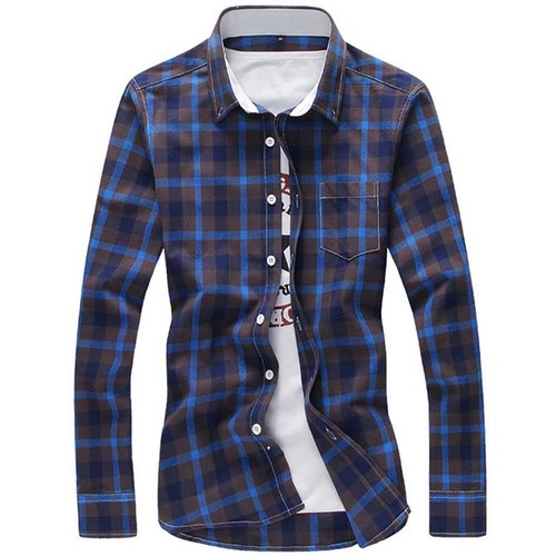 Men's Long Sleeve Plaid Shirt Size 4XL Blue