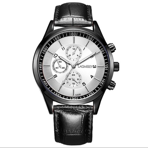 W5308 Men Casual Analog Quartz Wrist Watch PU Leather Black White