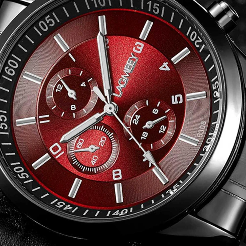 W5308 Men Casual Analog Quartz Wrist Watch Stainless Steel Black Red