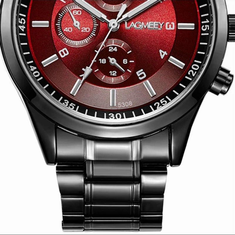 W5308 Men Casual Analog Quartz Wrist Watch Stainless Steel Black Red