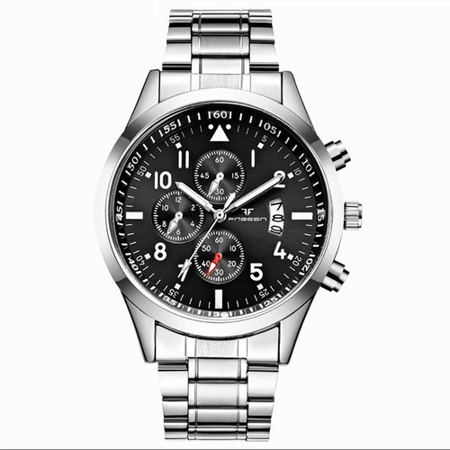 W5410 Men Calendar Analog Quartz Watch Stainless Steel White Black