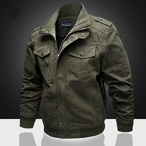 CA806 Men Casual Stand Collar Cotton Bomber Jacket Size XL Army Green