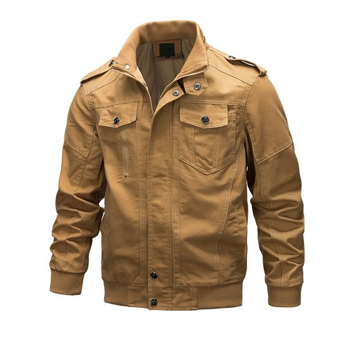 CA806 Men Casual Stand Collar Cotton Bomber Jacket Size XL Khaki