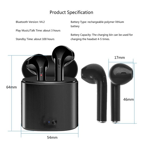 I7S Mini TWS Wireless Bluetooth Earbuds Black