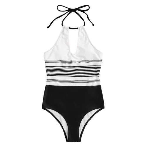 BK84 Women Striped Halter One-piece Swimwear Size S - Multi-color