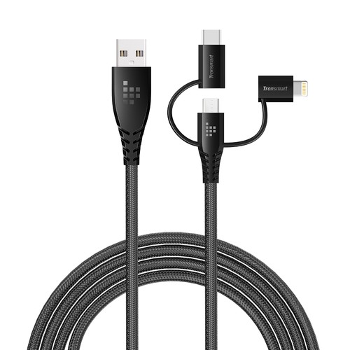 Tronsmart LAC10 Apple MFi 4ft/1.2m 3 in 1 Lightning + Type C + Micro USB to USB A Cable for PhonesTablets - Black
