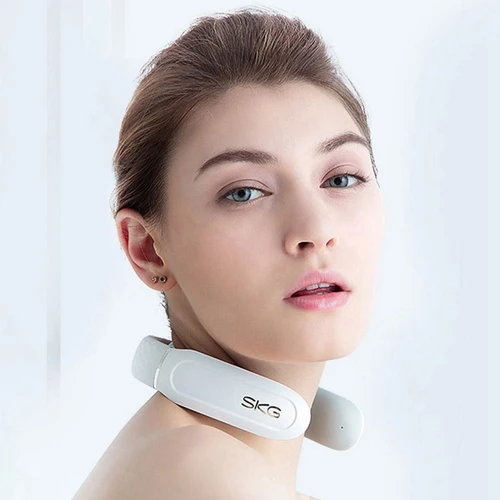 SKG Neck Massager with Heat Heating Portable 15 Intensities 3 Modes Handsfree, Size: 7.01 x 7.01 x 1.81, White