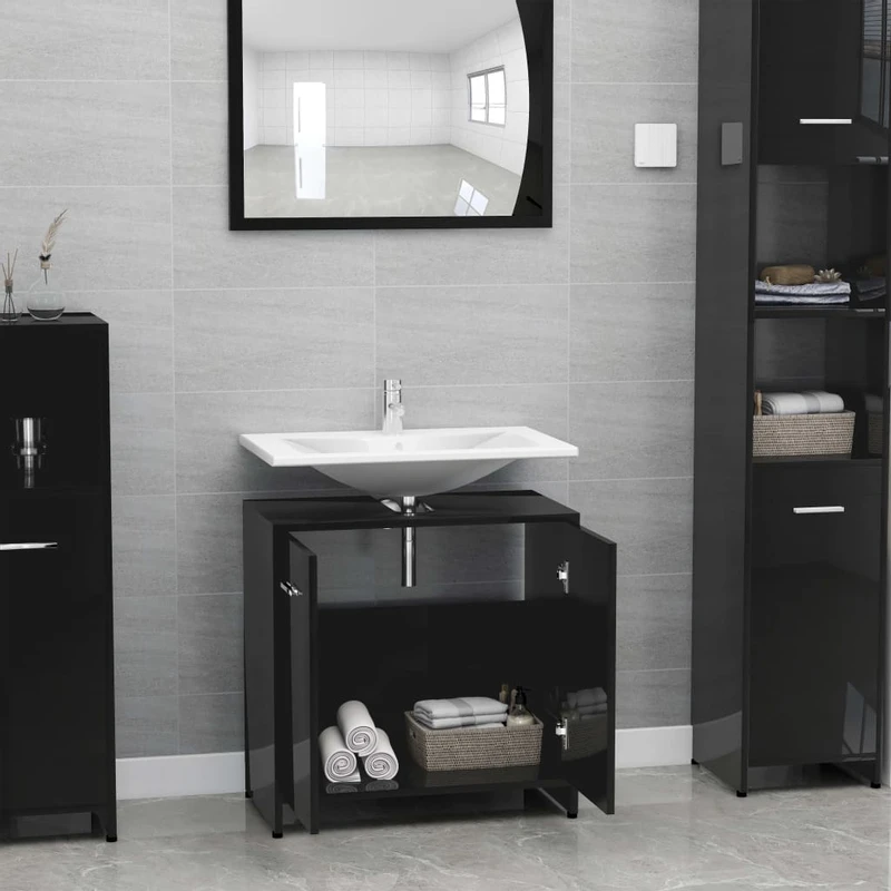 Bathroom Cabinet High Gloss Black 60x33x58 cm Chipboard