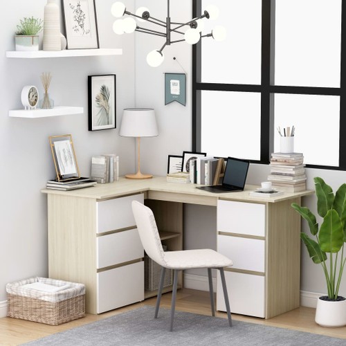 Corner Desk White and Sonoma Oak 145x100x76 cm Chipboard