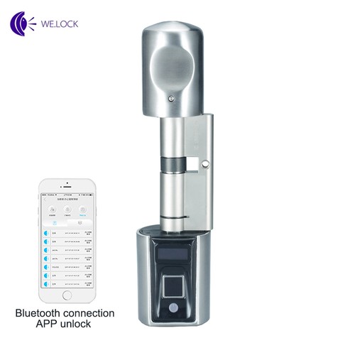 WE.LOCK SECB SECB0EBL01 Intelligent Electronic Door Lock Cylinder Fingerprint + RFID Card + Bluetooth Control LCD Display IP44 Waterproof Smartphone Control, WiFi Box Working with Alexa Suitable for Doors with Thickness of 55 -105mm - Silver