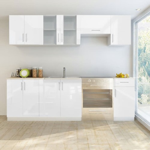 7 kitchen units set, white gloss complete kitchen units Junona 240cm