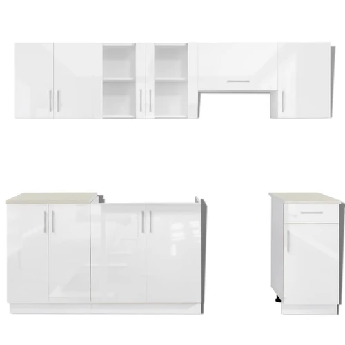 7 kitchen units set, white gloss complete kitchen units Junona 240cm