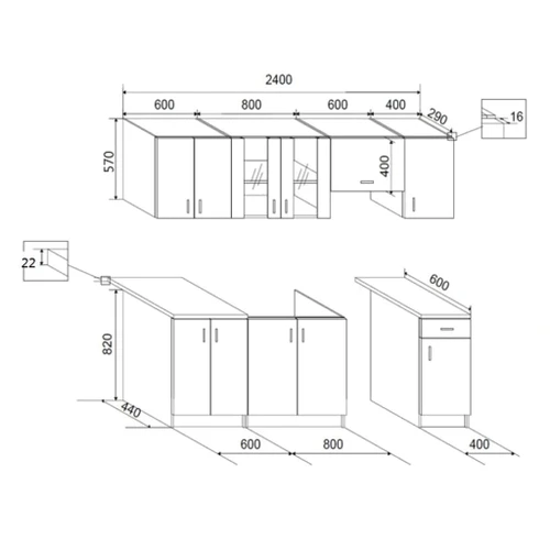 7 kitchen units set, white gloss complete kitchen units Junona 240cm