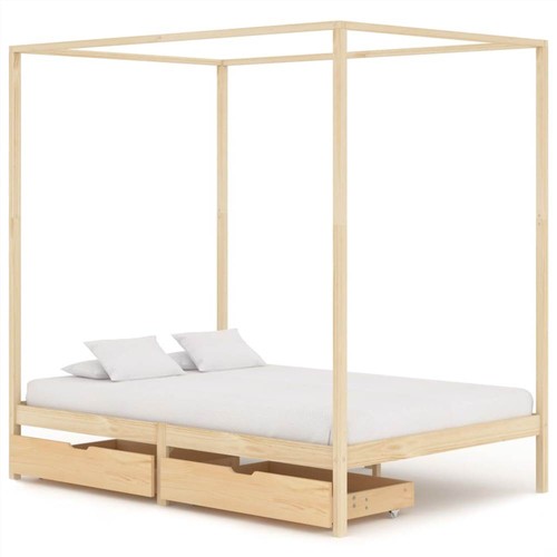 Afleiden Standaard Ritmisch Canopy Bed Frame with 2 Drawers Solid Pine Wood 140x200 cm