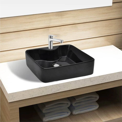Ceramic Bathroom Sink Basin With Faucet, Black Bathroom Sink