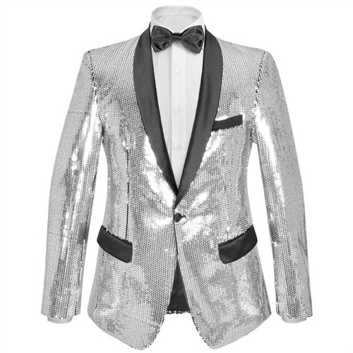 Men's Sequin Dinner Jacket Tuxedo Blazer Silver Size 50