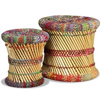 Stools with Chindi Details 2 pcs Multicolour Bamboo