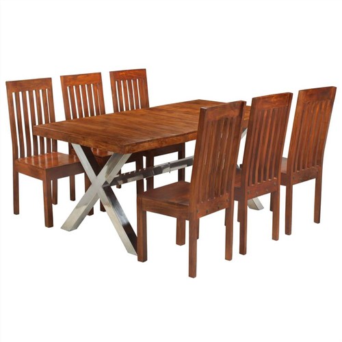Dining Table Set 7 Piece Solid Acacia Wood With Sheesham Finish