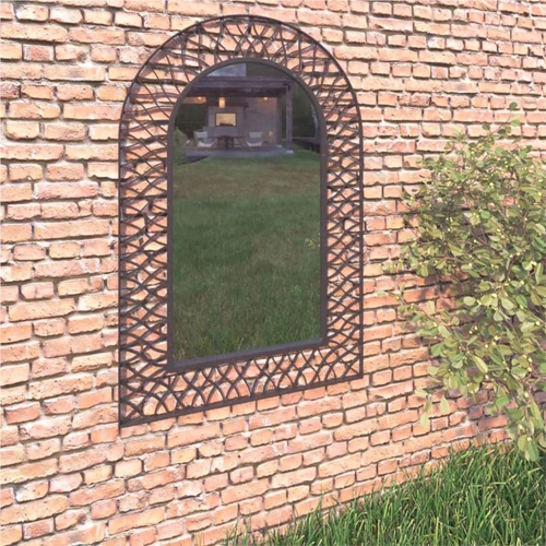 Garden Wall Mirror Arched 50x80 Cm Black, Metal Garden Mirror With Pots
