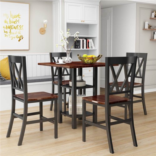 TOPMAX 5 Pieces of Rubber Wood Dining Set, with Double-layer Shelves & 4 * Matching Chairs - Black