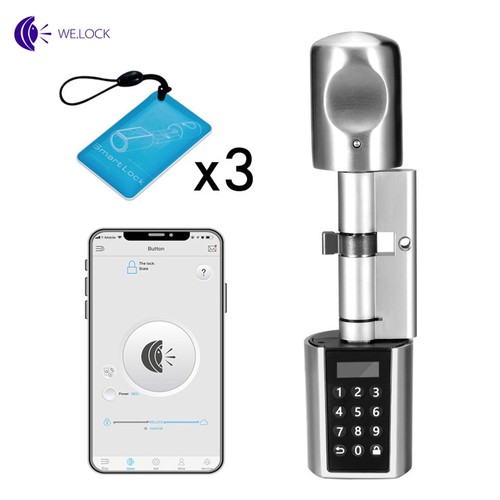 WE.LOCK SOHO PCB10EBL01 Intelligent Electronic Door Lock Cylinder Password + RFID Card + Bluetooth Control IP44 Waterproof Opening via Smartphone, WiFi Box Working with Alexa Easy Assembly for Doors with Thickness of 55-105mm - Silver