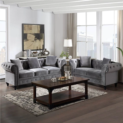 Gray 3-Seater Sofa Upholstered Velvet Sofa Pillows Included