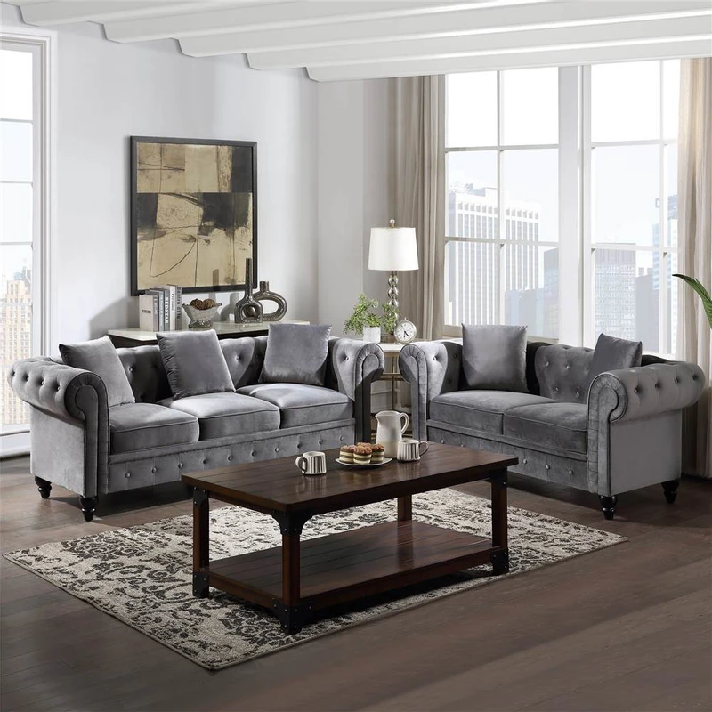 63 80 Velvet Upholstered Sofa Set with 5 Pillows Gray